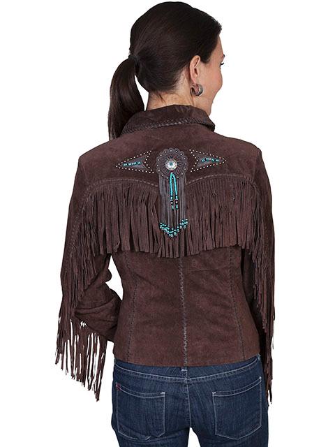 Scully Women's Suede Jacket with Fringe, Conchos, Beads Chocolate Back