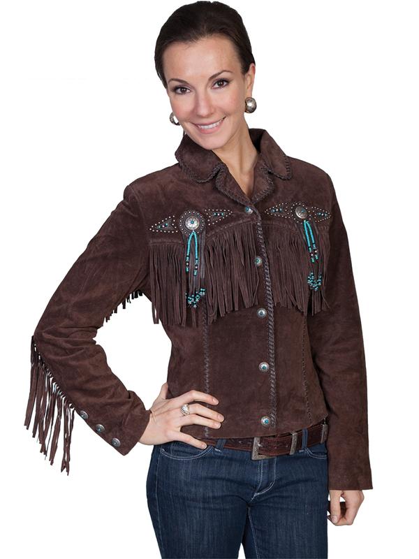 Scully Women's Suede Jacket with Fringe, Conchos, Beads Chocolate Front