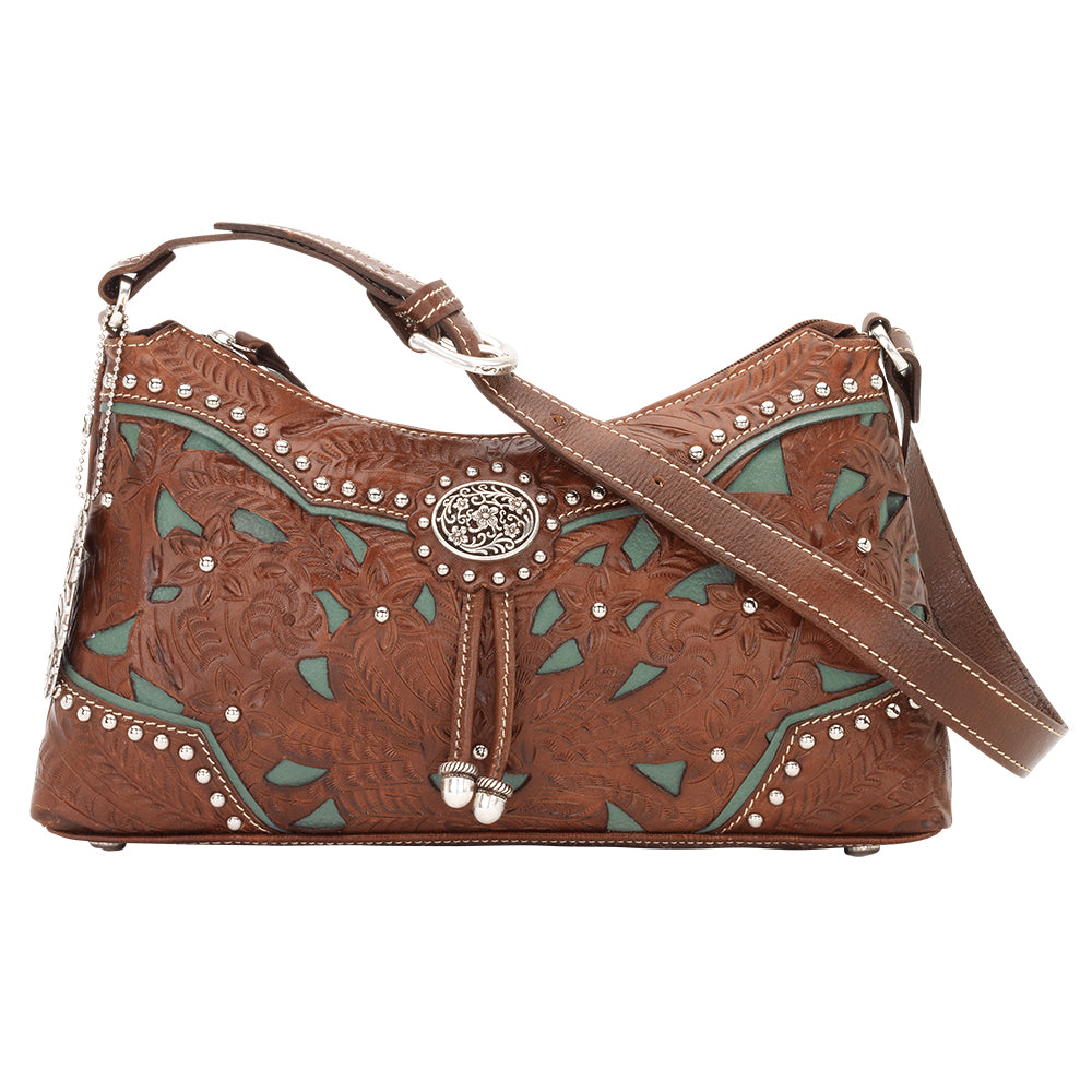 American West Zip Top Shoulder Bag Medium Brown Front