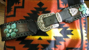 Fashion Leather Belt 3" Wide, Stones, Crystals on Buckle, Keeper, Tip