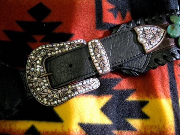 Fashion Leather Belt 3" Wide, Stones, Crystals on Buckle, Keeper, Tip