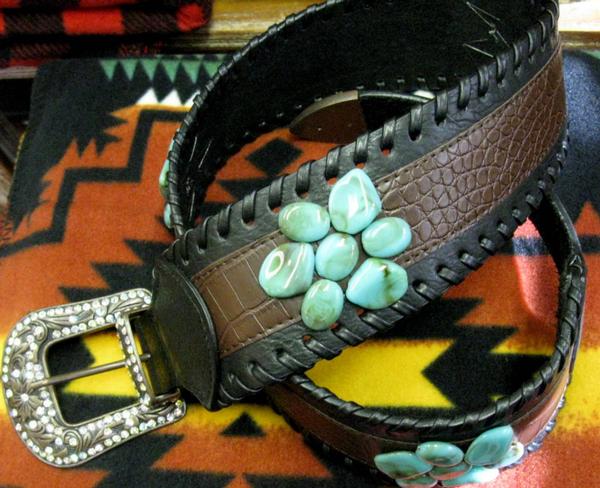 Fashion Leather Belt 3" Wide, Stones, Crystals on Buckle, Keeper, Tip