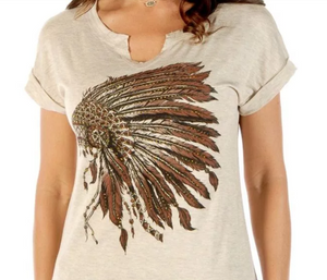 Liberty Wear Women's T-Shirt Battle Headdress Oat Front View Detail