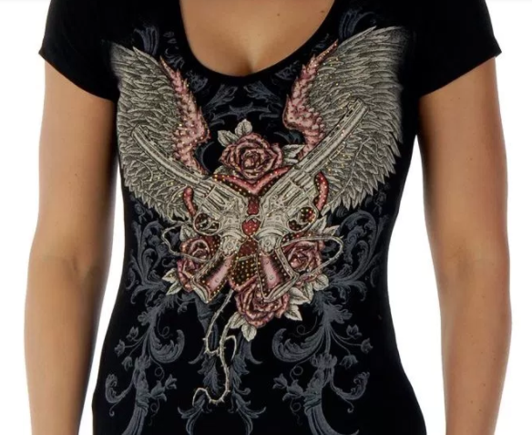 Liberty Wear Women's T-Shirt Guns & Wings Black Short Sleeve Front View Detail