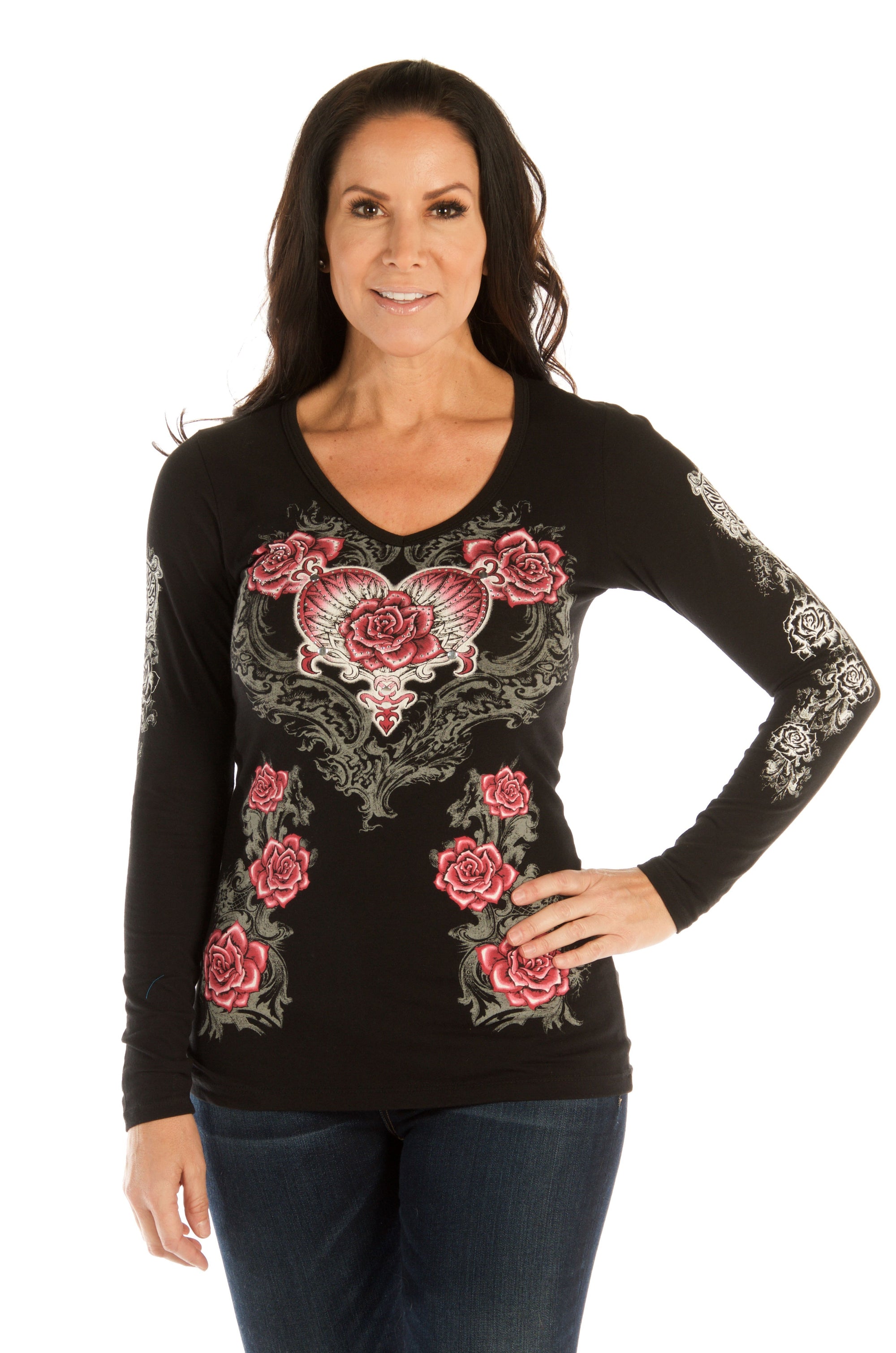 Liberty Wear Women's Top with Hearts, Roses, Wings Black Front View