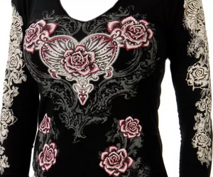 Liberty Wear Women's Top with Hearts, Roses, Wings Black Front View