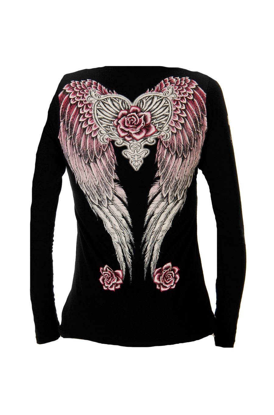 Liberty Wear Women's Top with Hearts, Roses, Wings Black Back View