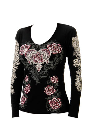 Liberty Wear Women's Top with Hearts, Roses, Wings Black Front View