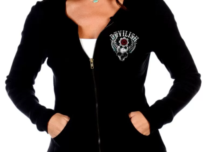 Liberty Wear Women's Hoodie Devilish Zip Front Skull on Reverse Back View