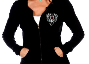 Liberty Wear Women's Hoodie Devilish Zip Front Skull Front View Detail