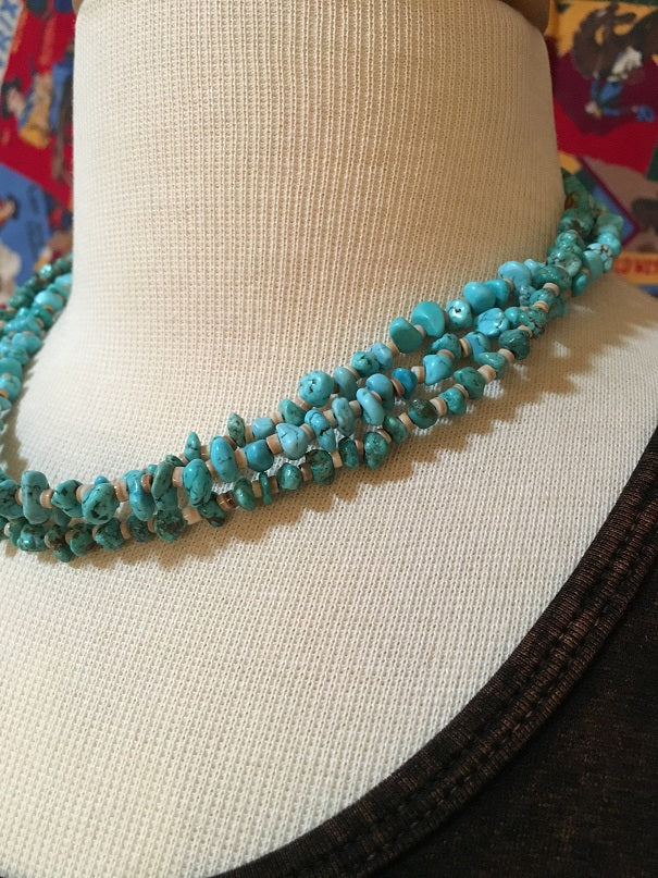 Two Grey Hills Native American Handcrafted Three Strand Set Turquoise and Heishi Beads