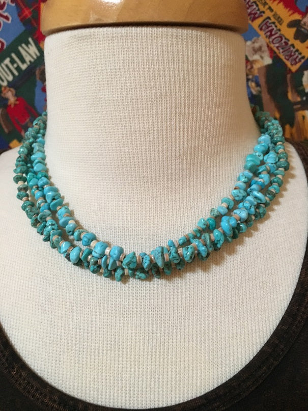Two Grey Hills Native American Handcrafted Three Strand Set Turquoise and Heishi Beads