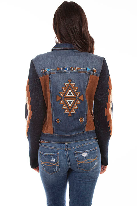 Honey Creek Denim Jacket Sweater Sleeves Embroidered Front