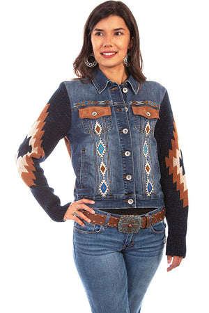 Honey Creek Denim Jacket Sweater Sleeves Embroidered Front