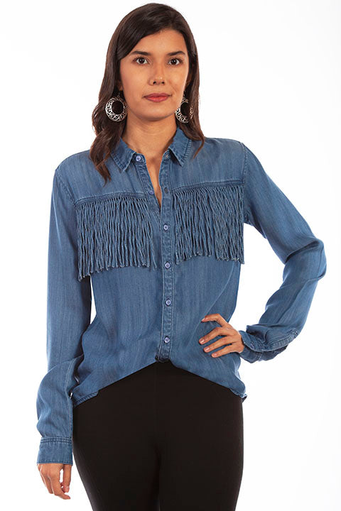 HC641 Scully Ladies' Honey Creek Fringe Denim Shirt Front