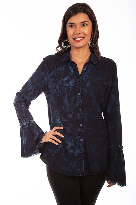HC654 Scully Ladies' Honey Creek Two Tone Black Blue Blouse Front