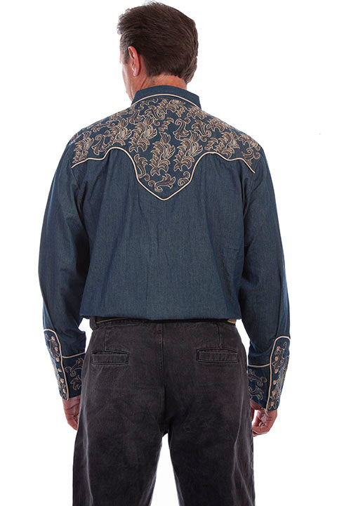 Scully Men's Vintage Inspired Western Shirt Denim Scroll Front #719905