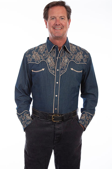 Scully Men's Vintage Inspired Western Shirt Denim Scroll Front #719905