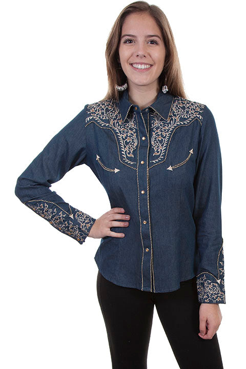 Vintage Inspired Western Shirt Ladies' Scully Two Tone Embroidery Denim Front