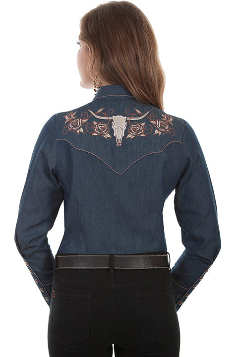 Scully Ladies' Vintage Inspired Shirt with Roses and Longhorn Steer Skull Back