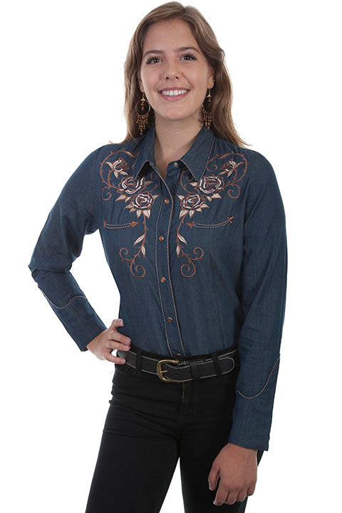 Scully Ladies' Vintage Inspired Shirt with Roses and Longhorn Steer Skull Front