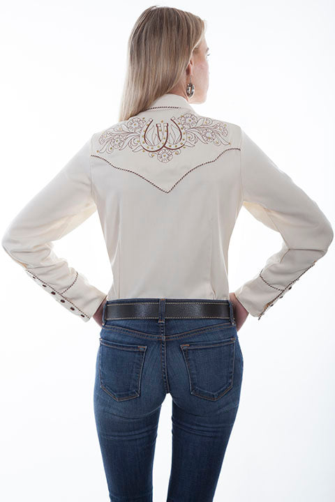 Scully Ladies Vintage Western Shirt with Embroidered Horseshoes and Roses Cream Front