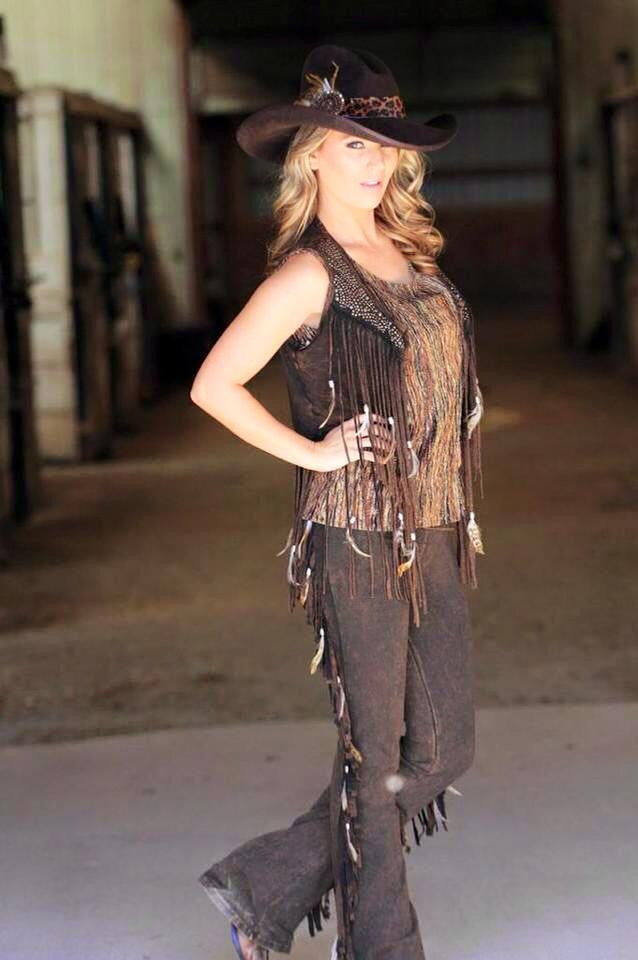 Designs By Pat Dahnke short vest with feathers and fringe, shown with matching pants