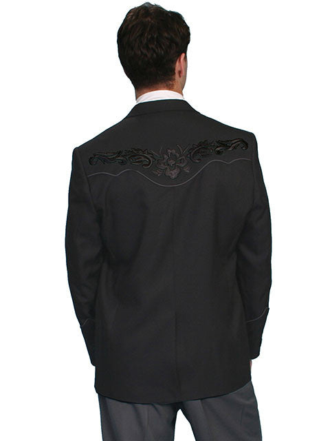 Scully Men's Western Blazer with Black Floral Embroidery on Black Back View