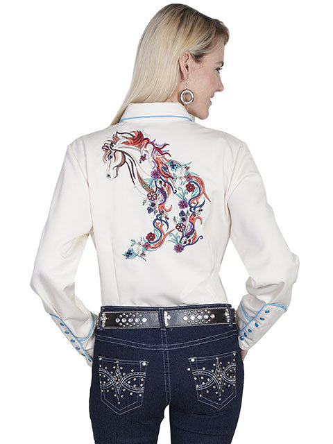 Vintage Inspired Western Shirt Ladies Scully Horse and Flowers on Cream Back View