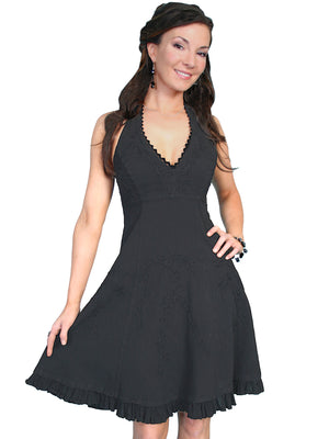 Scully Cantina Collection Halter Dress with Ruffle Hem, Black Front View