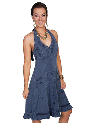 Scully Cantina Collection Halter Dress with Ruffle Hem, Dark Blue 3Q View