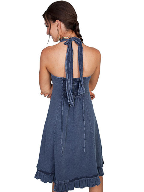 Scully Cantina Collection Halter Dress with Ruffle Hem, Dark Blue Back View