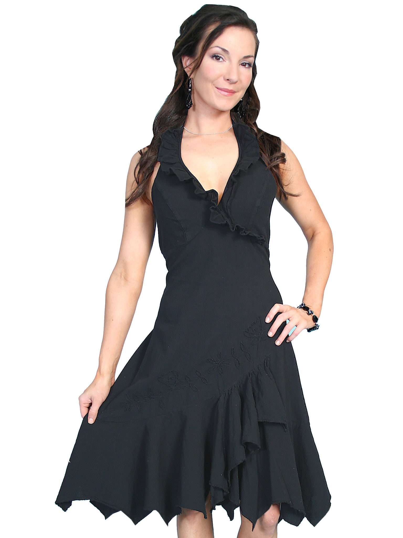 Scully Womens Cantina Collection Halter Dress, Ruffles, Black. Front View