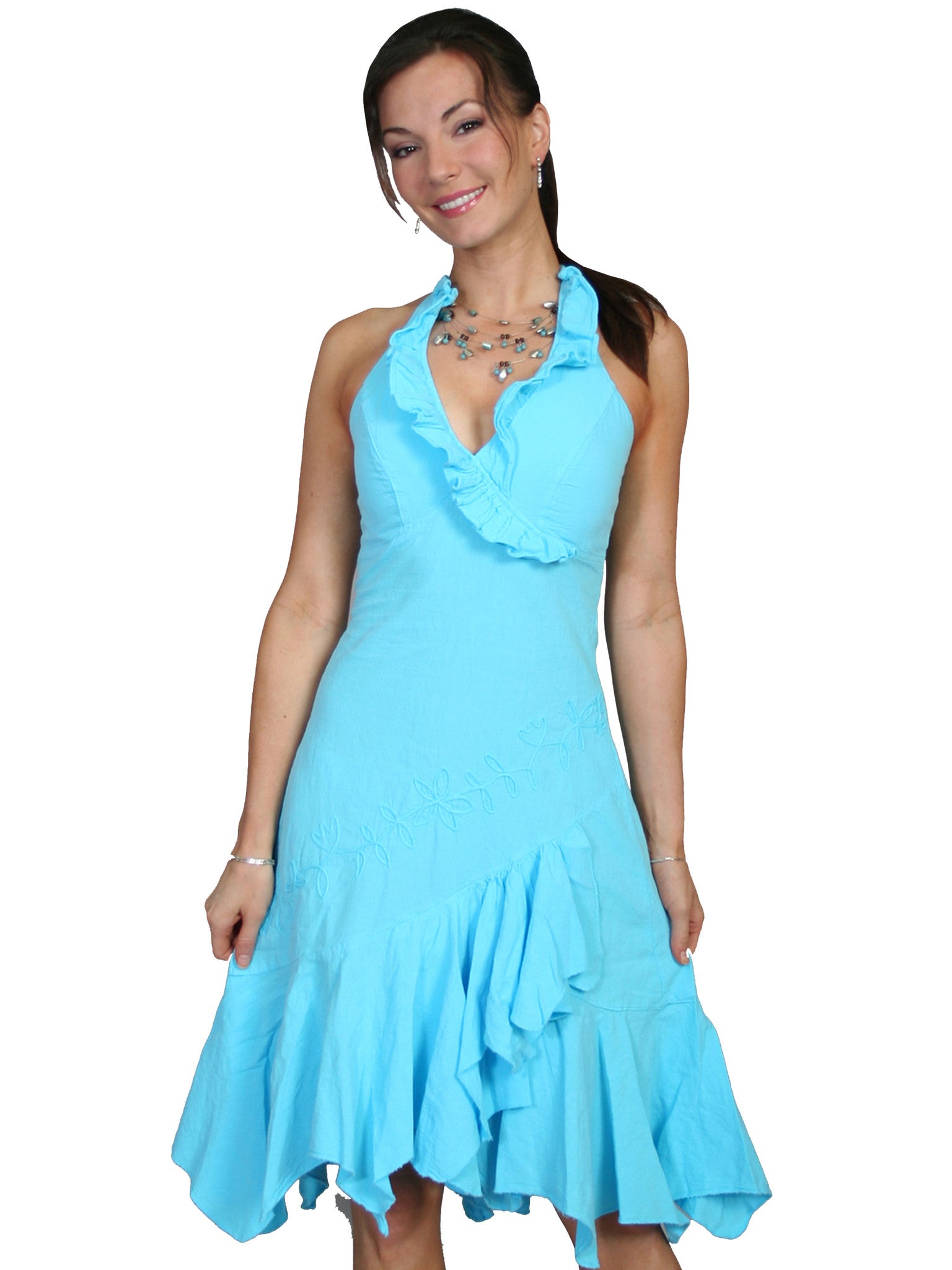 Scully Womens Cantina Collection Halter Dress, Ruffles, Turquoise. Front View