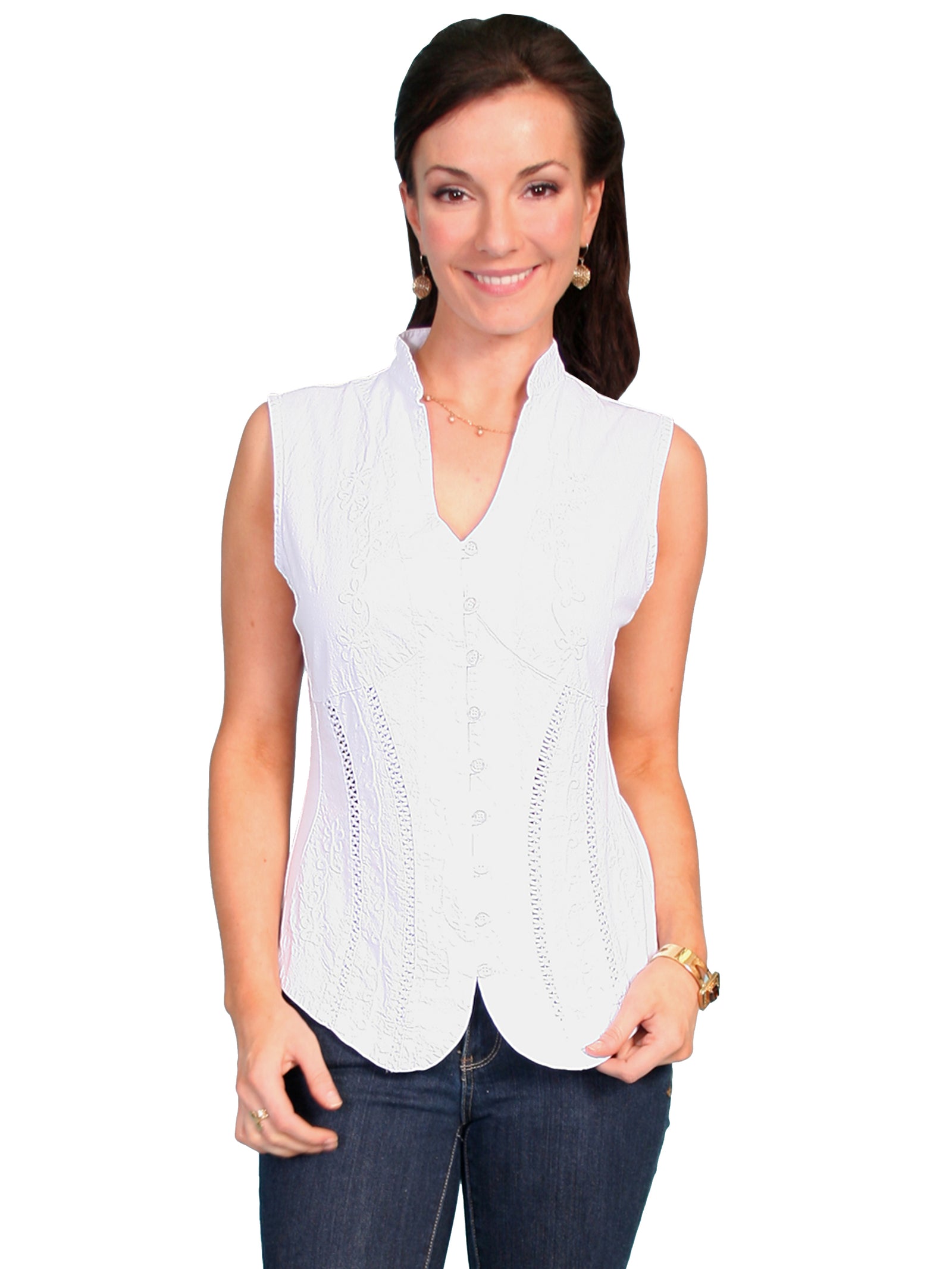 Cantina Collection White Cotton Button Front Sleeveless Top Front