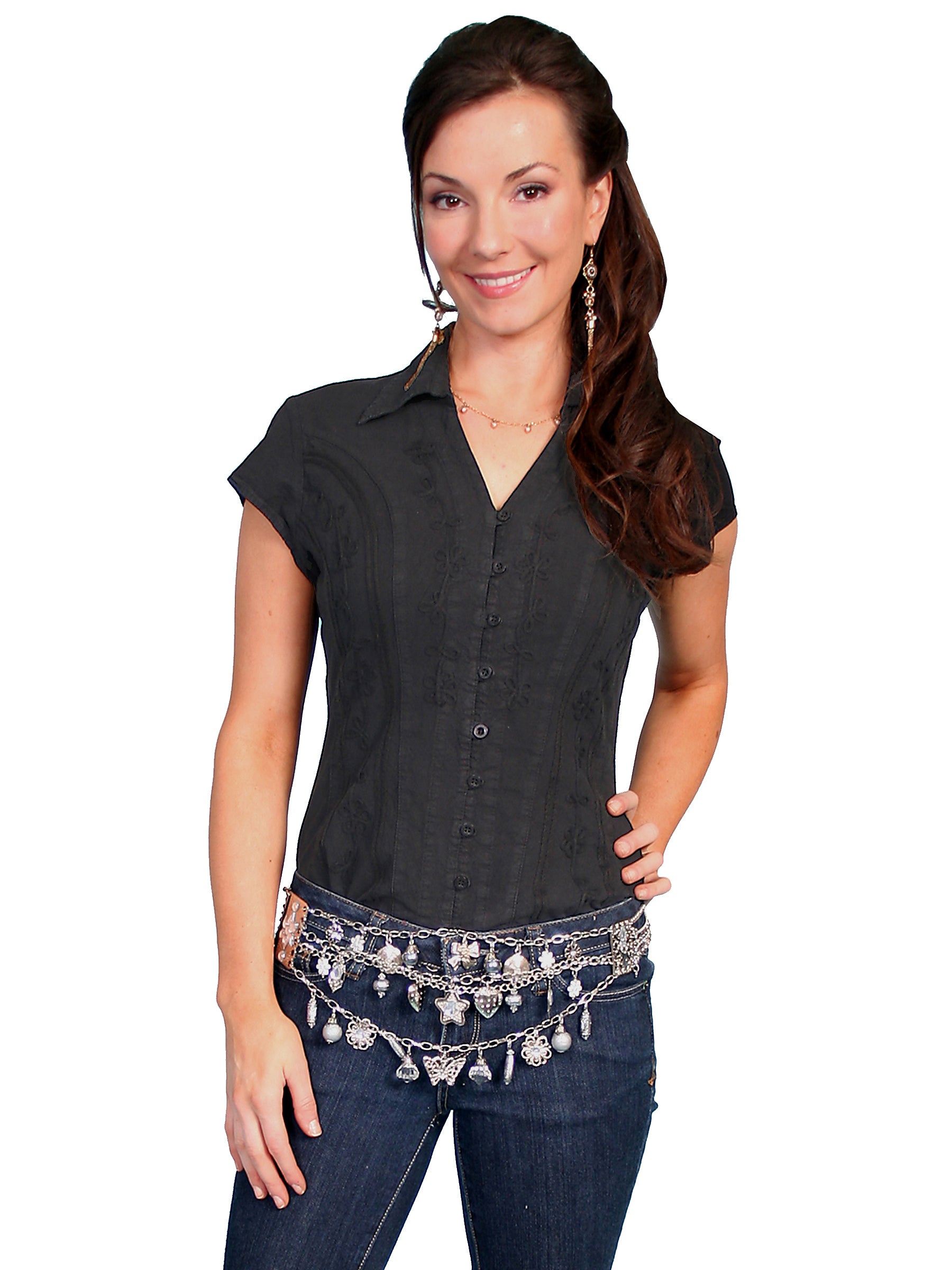 Scully Cantina Collection Womens Cap Sleeve Cotton Top with Soutache Trim Black Front View