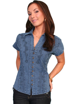 Scully Cantina Collection Womens Cap Sleeve Cotton Top with Soutache Trim Dark Blue Front View