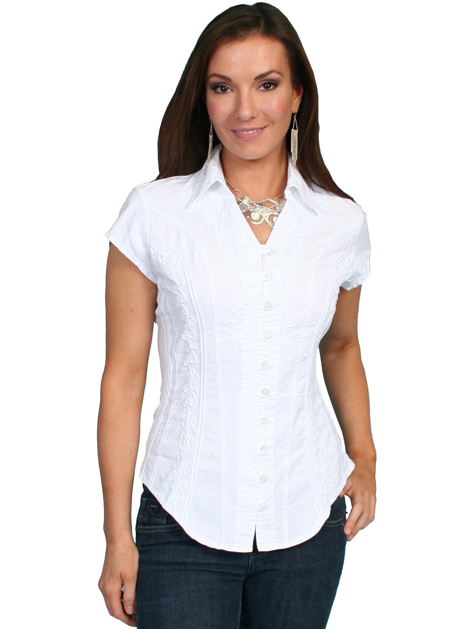 Scully Cantina Collection Womens Cap Sleeve Cotton Top with Soutache Trim White Front View