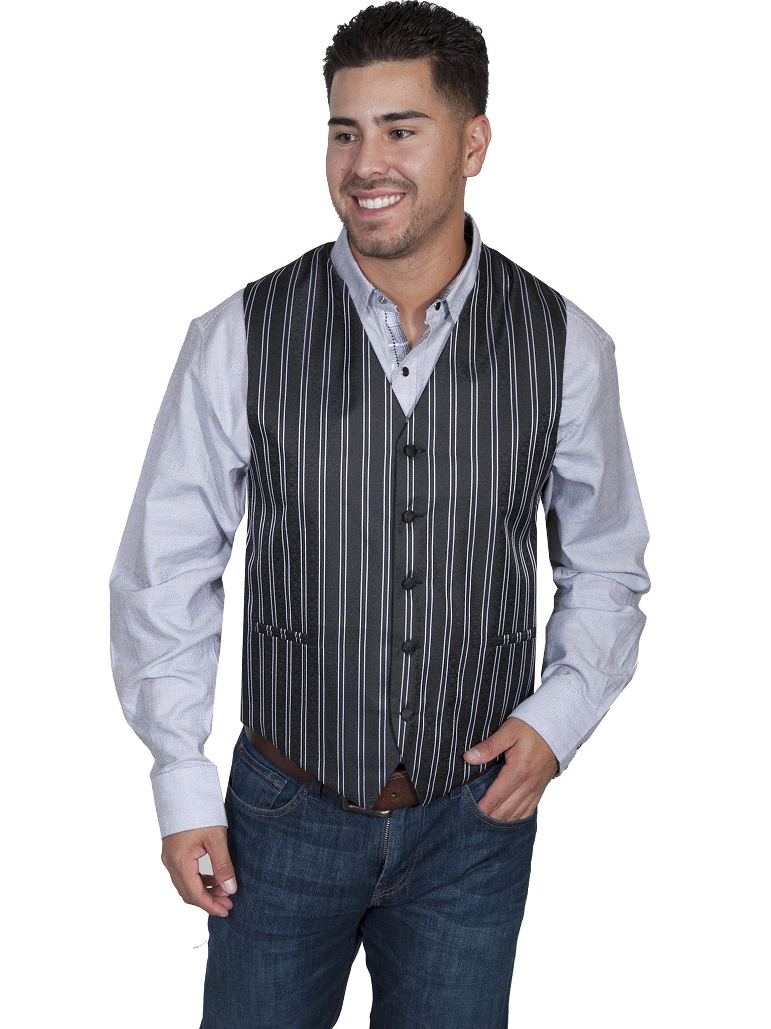 Scully Mens Rangewear Old West Vest Pinstripe No Lapels Front