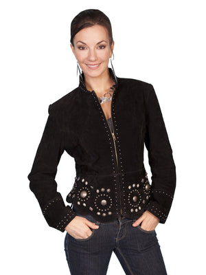 Scully Women's Suede Jacket with Gold Concho and Stud Accents Black Front View