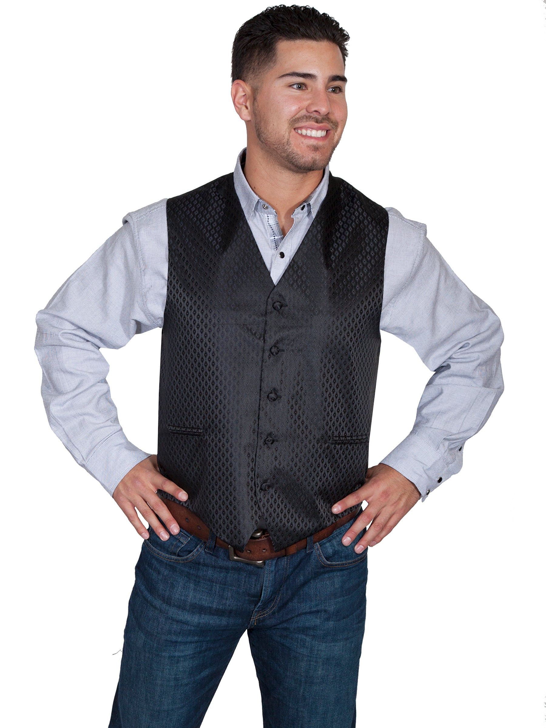Scully Men's Old West Rangewear No Lapel Diamond Dot Vest Black Front