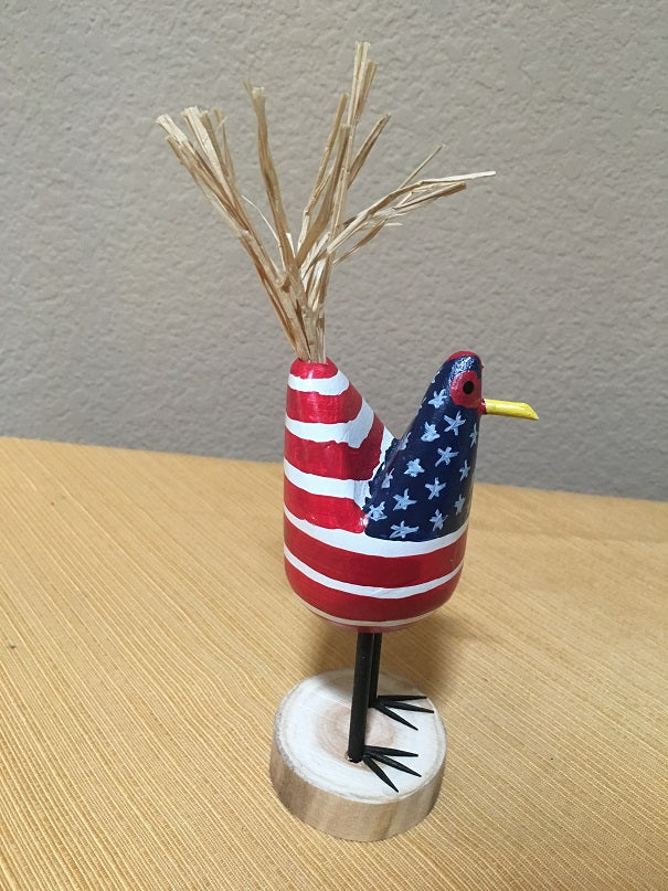 Edith John Hand Carved Small Standing Chicken Patriotic Side