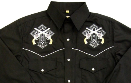 White Horse Apparel Men's Embroidered Western Shirt with Crosses and Pistols Front