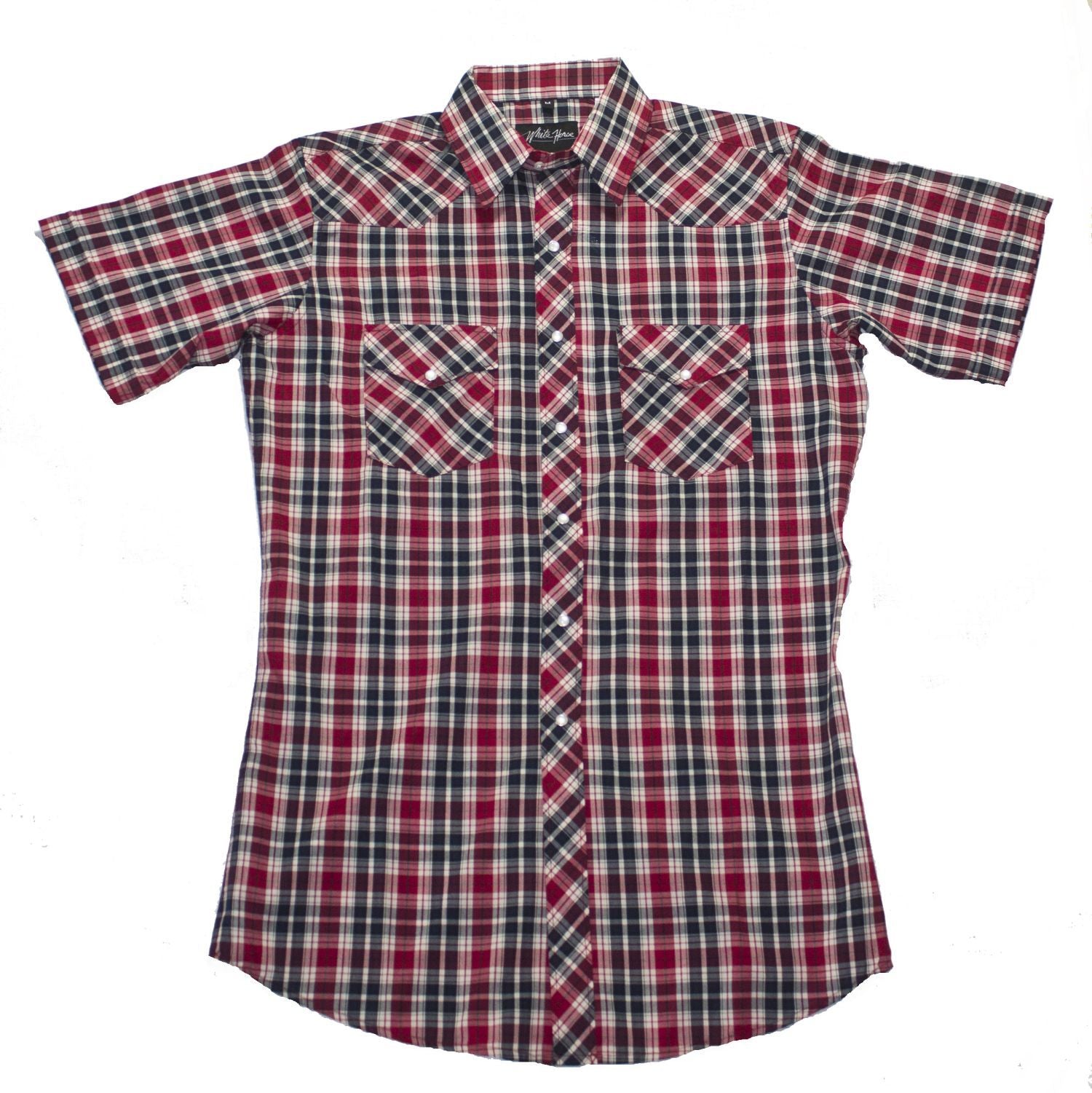 White Horse Apparel Men's Western Plaid Short Sleeve Red Black