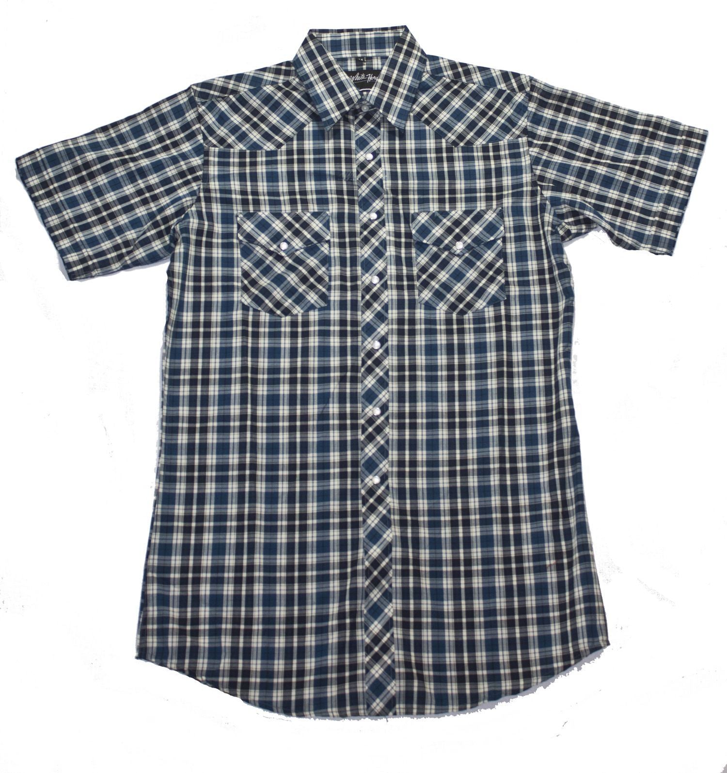 White Horse Apparel Men's Western Short Sleeve Shirt Blue/Black Plaid