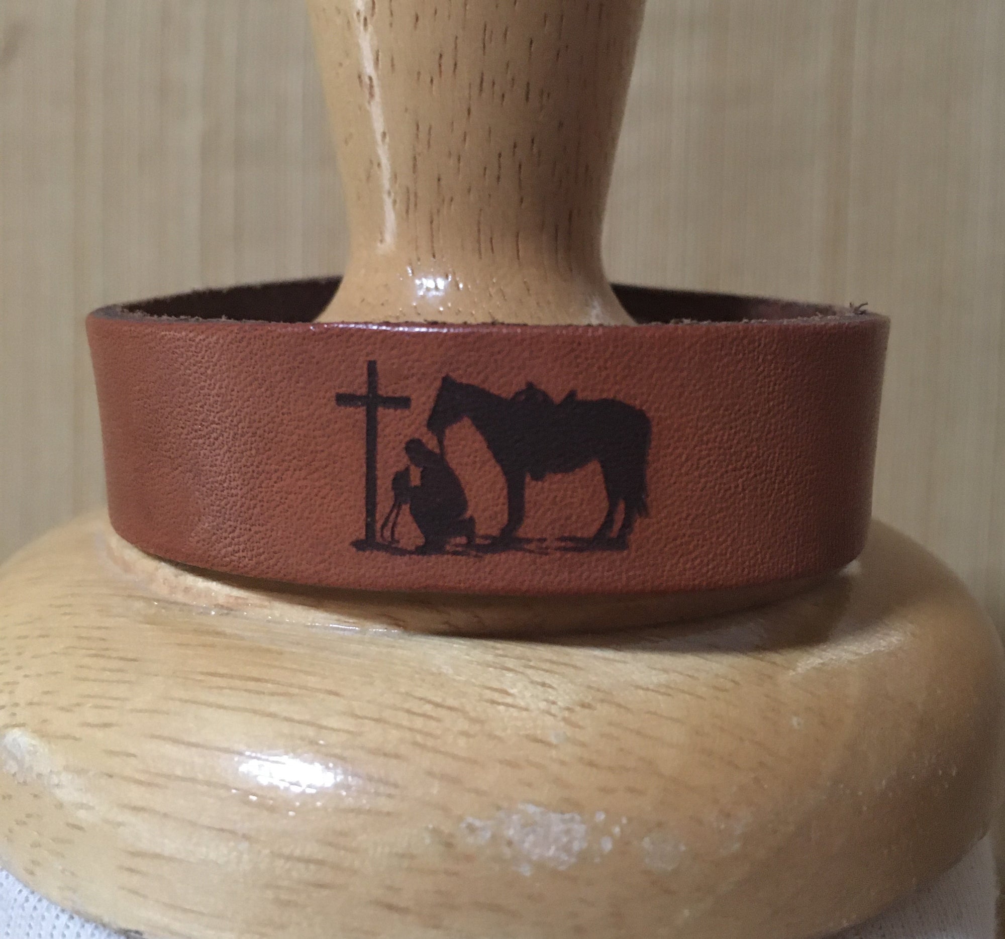 Praying Cowboy Leather Cuff Front