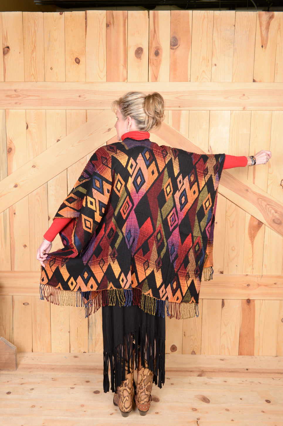 Rhonda Stark Italian Acrylic Knit Shawl Sunset Diamond Pattern with Fringe, Back