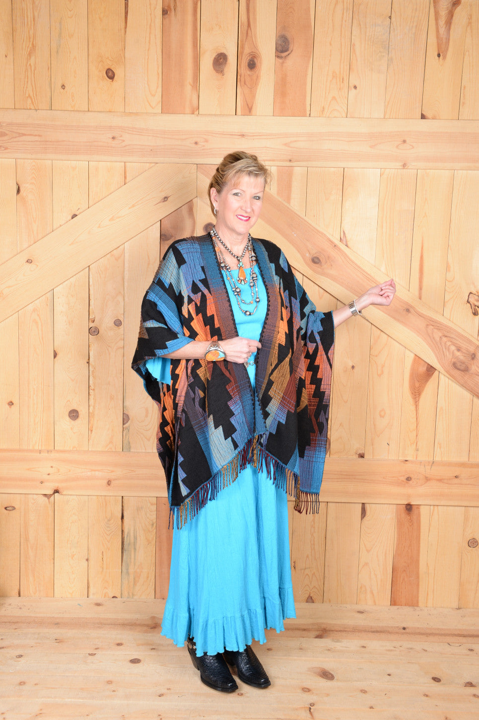 Rhonda Stark Italian Acrylic Knit Shawl Thunderbird Pattern with Fringe