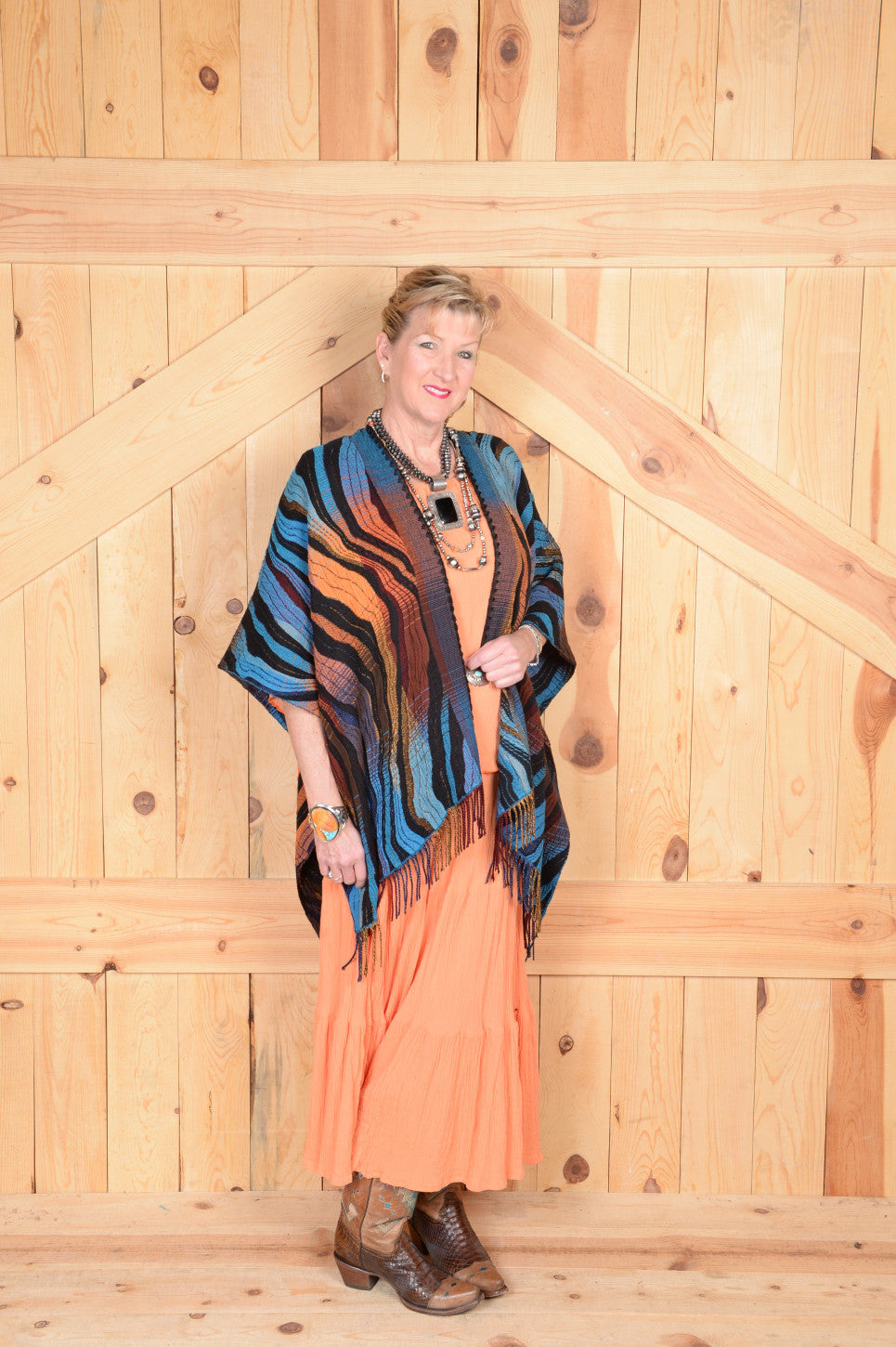 Rhonda Stark Italian Acrylic Knit Shawl Turquoise Wave Pattern with Fringe, Front