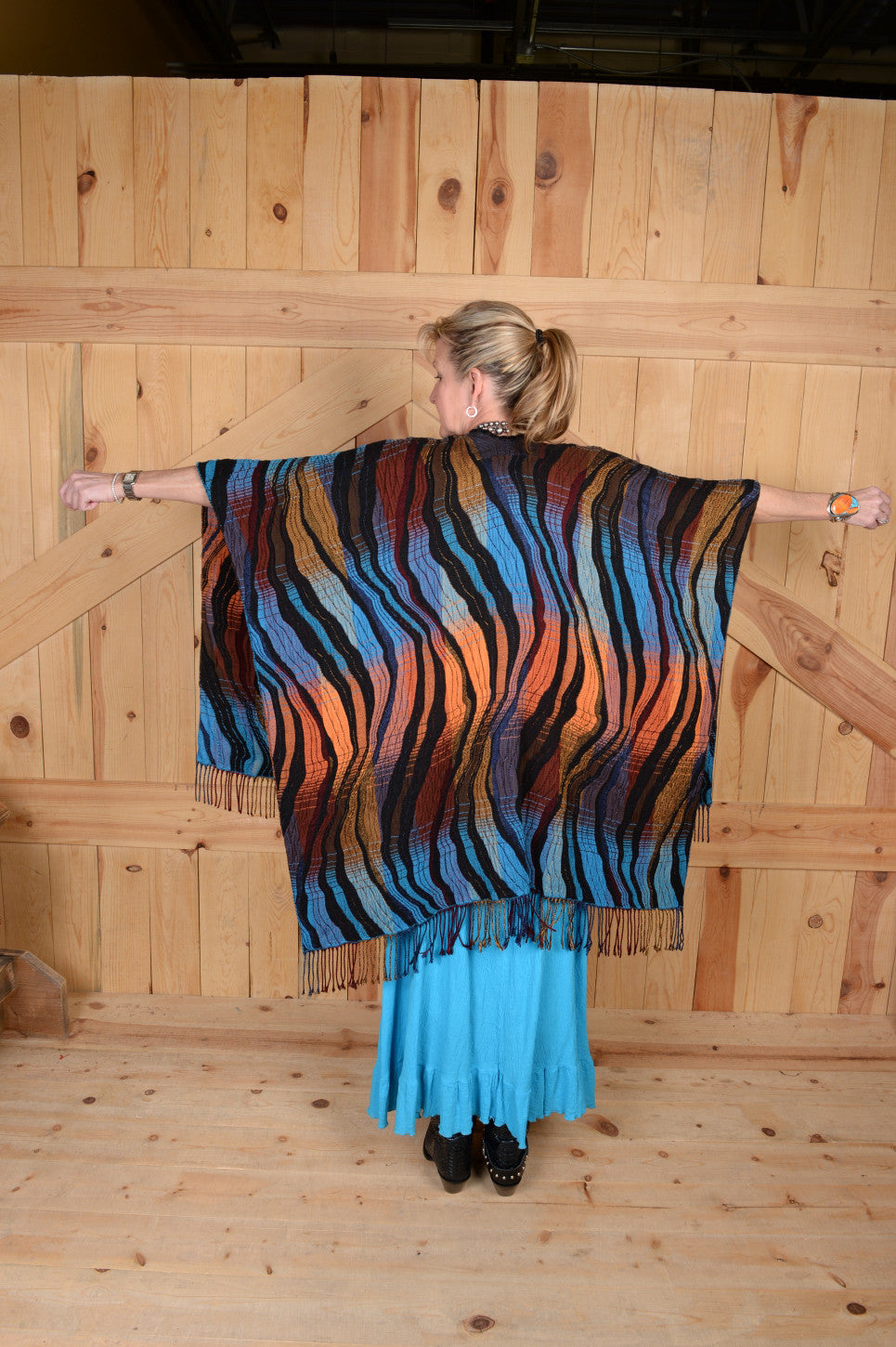 Rhonda Stark Italian Acrylic Knit Shawl Turquoise Wave Pattern with Fringe, Back